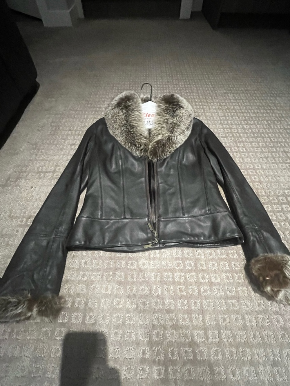 brown leather Danier jacket with gorgeous rabbit fur trim